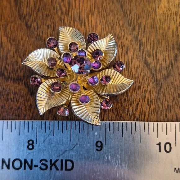 CORO Vintage Midcentury Signed Flower Brooch Gold Purple - Picture 2 of 6
